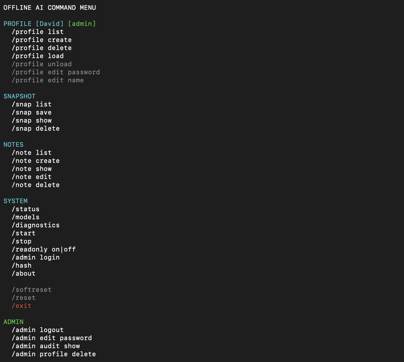 Offline AI CLI Help Menu