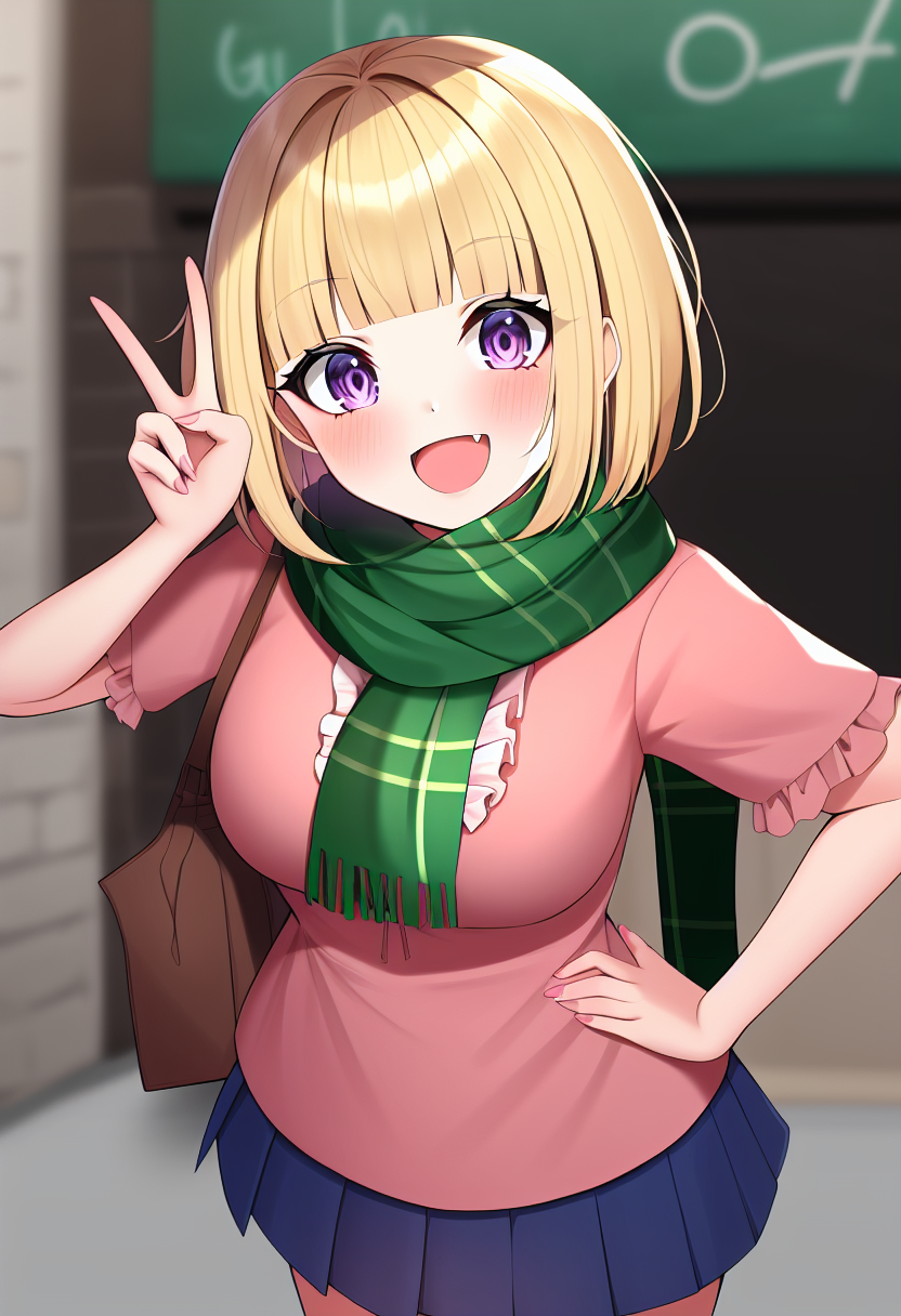 1girl, purple eyes, short hair, smile, open mouth, ruffled blouse, red blouse, pleated skirt, blonde hair, green scarf, peace sign, blunt bangs, blue skirt, fang, hand on own hip, standing